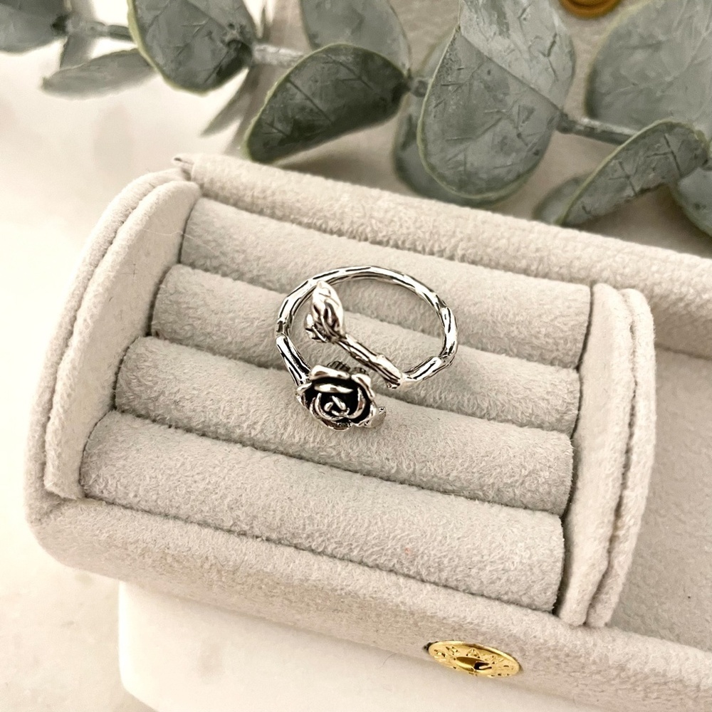 925 Sterling Silver Rose Engraved Ring Silver Vintage Flower Ring - Picture 5 of 6